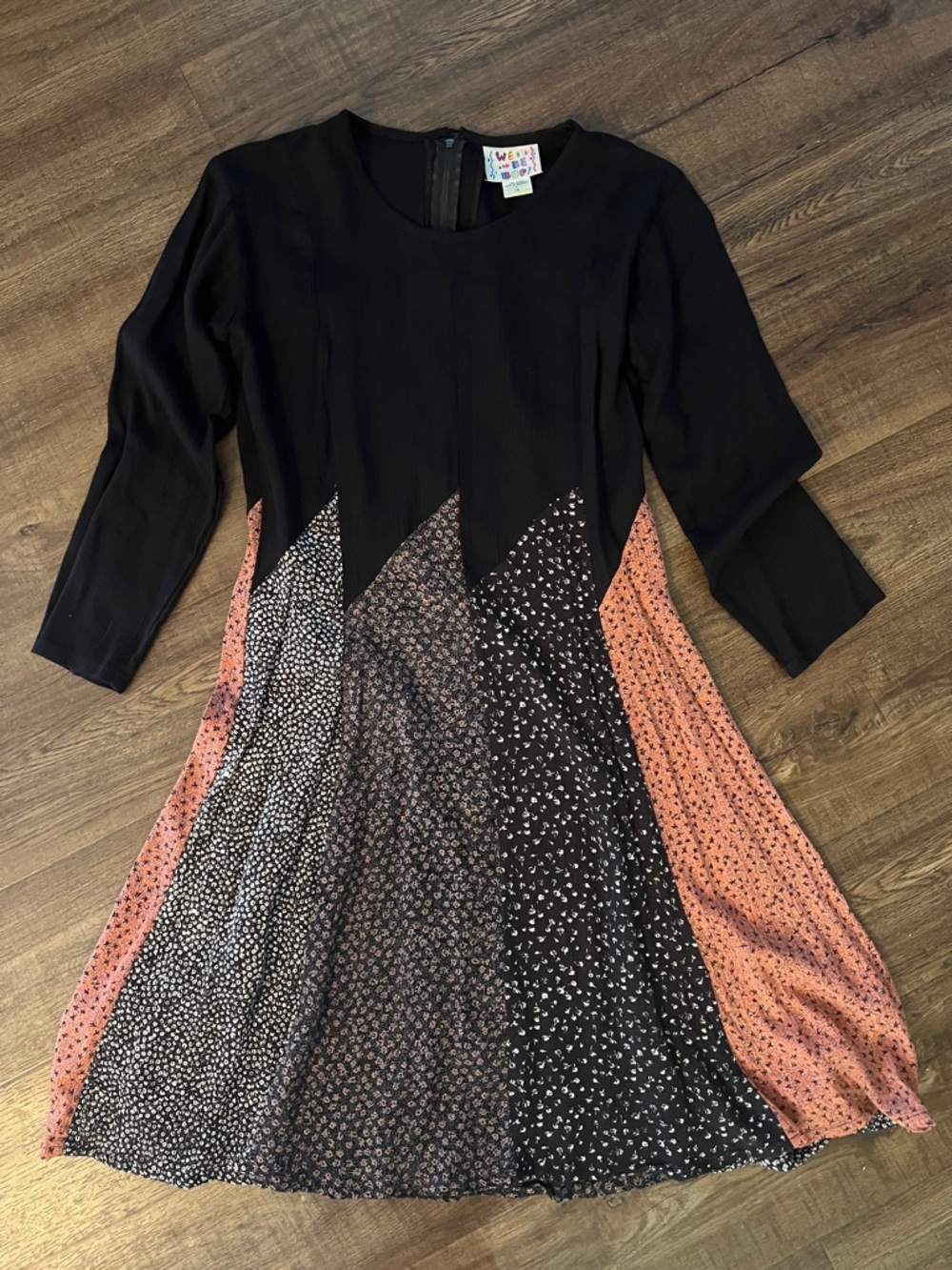 Vintage We Be Bop Patchwork Dress L Black Floral Fit Flare 90s Y2K Grunge